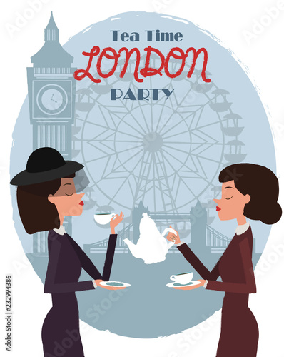 Cute illustration of London street and characters. 5 o'clock in London, Tea time card. Editable vector illustration