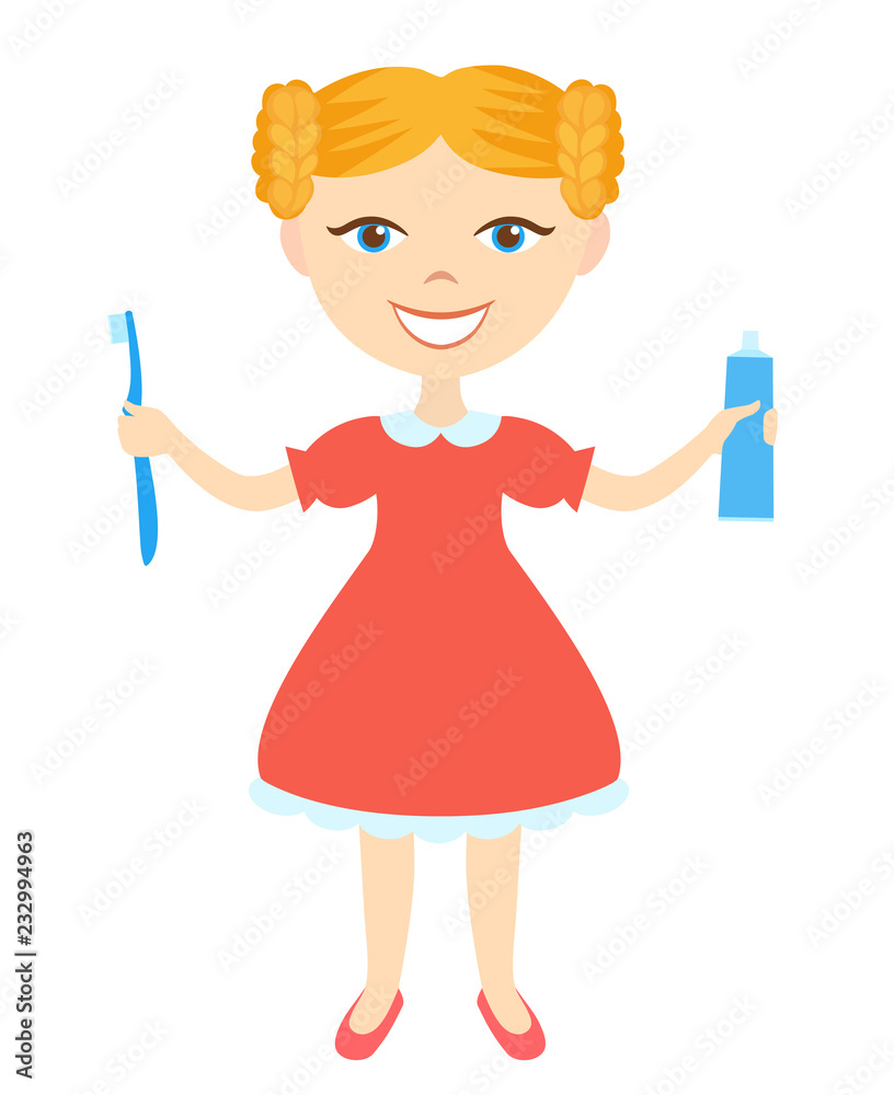 Blonde girl in red dress with toothbrush and toothpaste isolated on white background Blonde girl in red dress with toothbrush and toothpaste isolated on white background