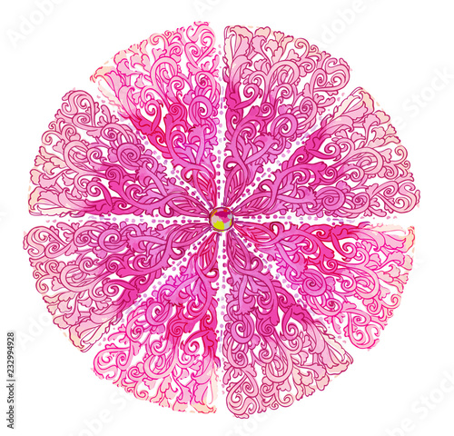 Pink wicker mandala. Vector round pattern with abstract curls. Watercolor vintage element