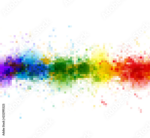 Bright watercolor stains paint splashes background with pixels mosaic.