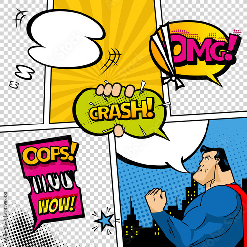 Comic book page divided by lines with speech bubbles, superhero and sounds effect. Retro background mock-up. Comics template. Vector illustration.