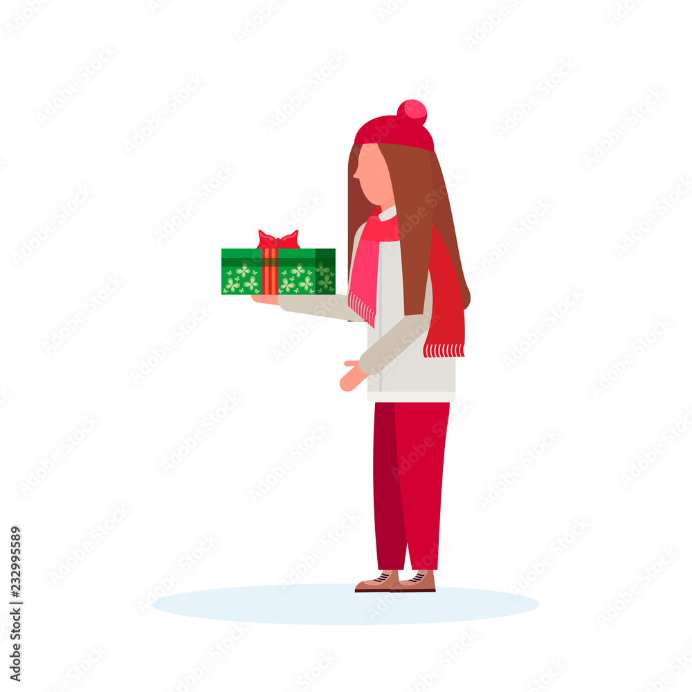 woman holding gift box present happy new year merry christmas concept female cartoon character profile full length isolated vector illustration woman holding gift box present happy new year merry christmas concept female cartoon character profile full length isolated vector illustration
