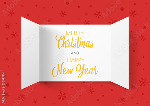 Advent Calendar Doors opening with snowflakes. Greeting Card. Merry Christmas and Happy New Year lettering, vector illustration