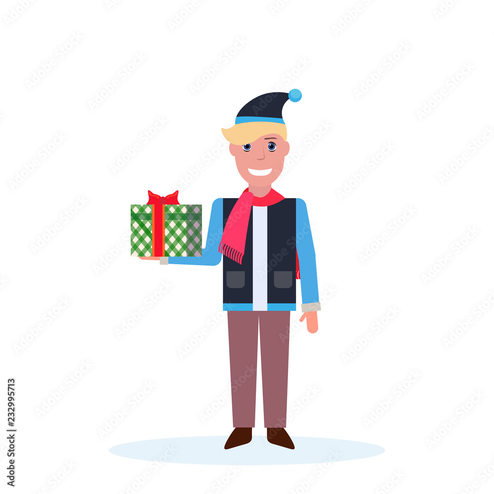 man holding present gift box happy new year merry christmas concept male cartoon character full length isolated vector illustration