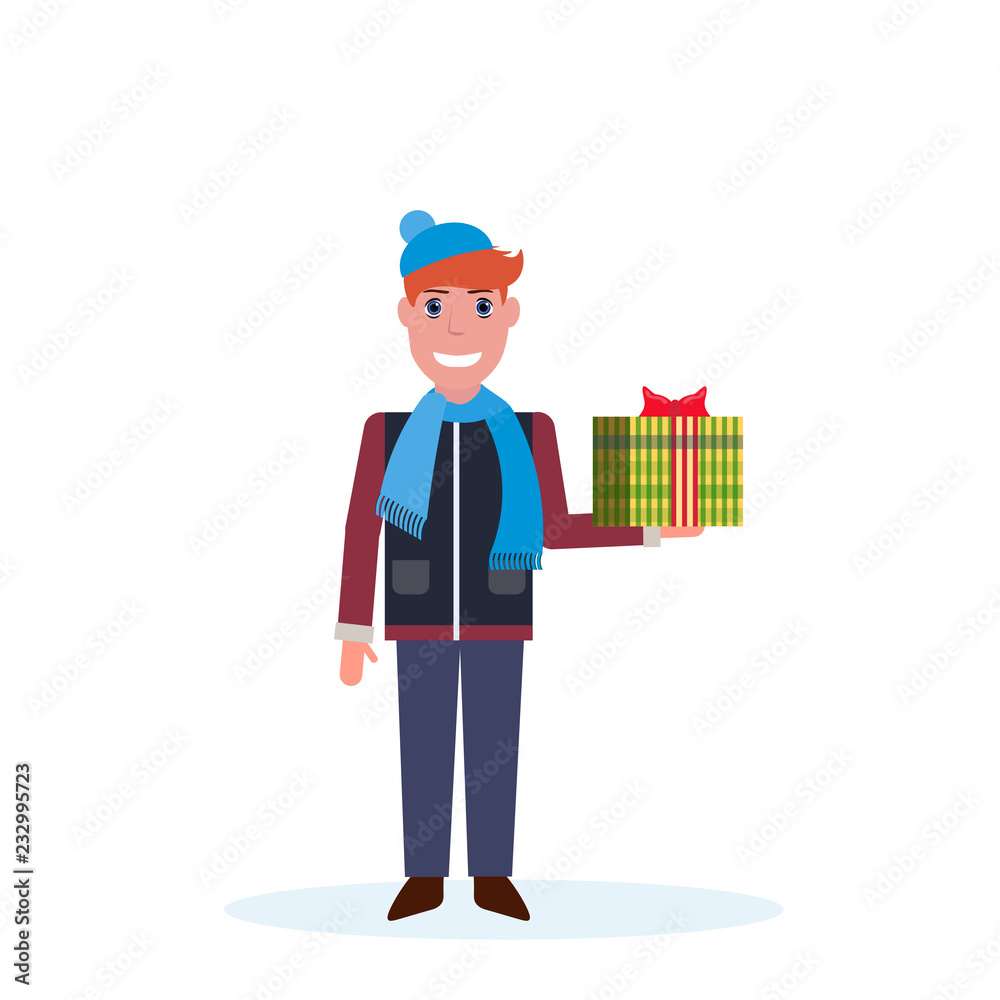 man holding present gift box happy new year merry christmas concept male cartoon character full length isolated vector illustration