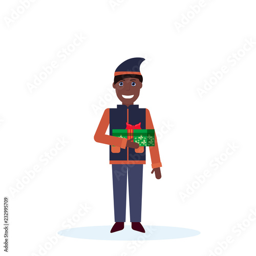 african american man holding present gift box happy new year merry christmas concept male cartoon character full length isolated vector illustration