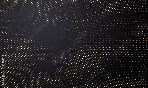 Gold and silver halftone black background. Vector golden glitter circle with dotted sparkles or halftone shine pattern texture