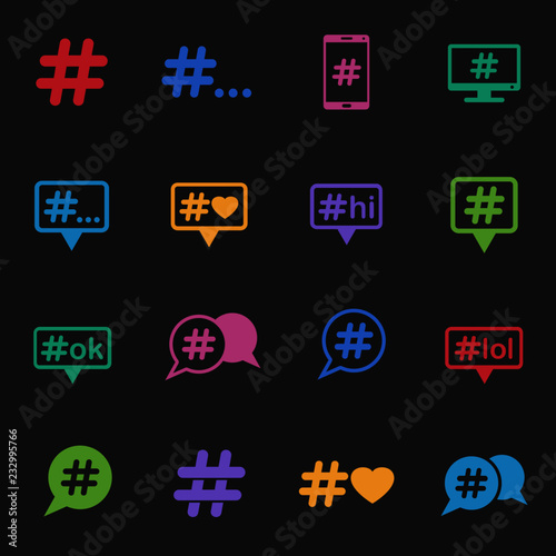 hashtag color icons isolated on black background
