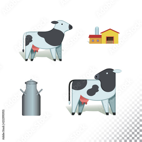 Vector flat icon illustration of cow and dairy. Colorful objects on a transparent background.