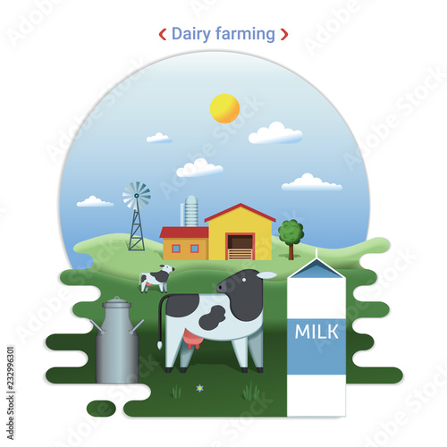 Flat farm landscape illustration of dairy farming. Rural landscape with grassland and countryside house. Cow grazes in the meadow.