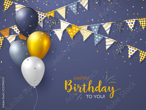 Happy Birthday holiday design for greeting cards. Bunting flags, balloons and confetti. Template for birthday celebration. Vector illustration.