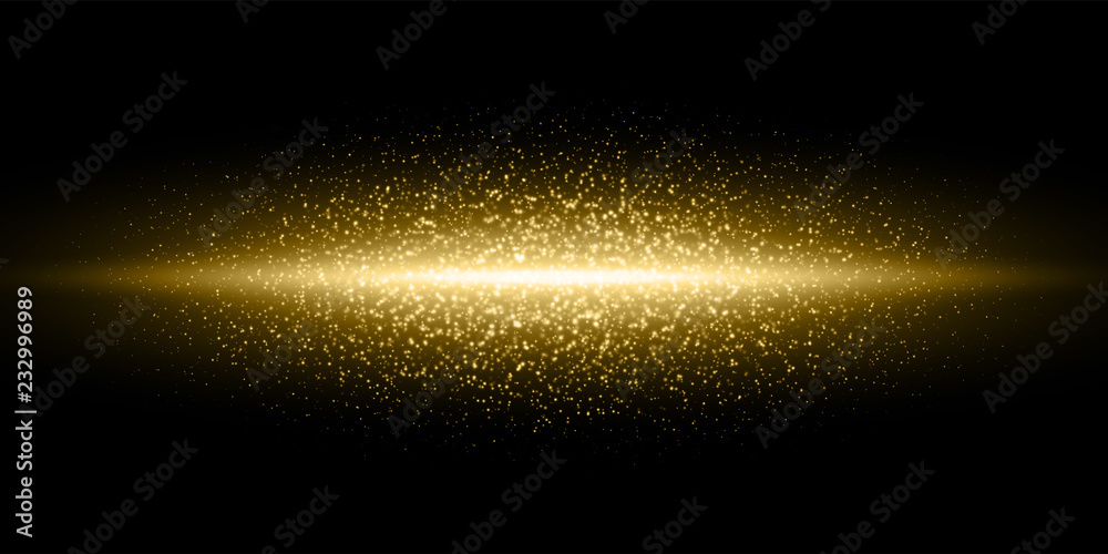 Gold light flash, glitter dust particles burst background, Vector golden shimmer flares glow line, magic glittering sparkles in black galaxy - obrazy, fototapety, plakaty 