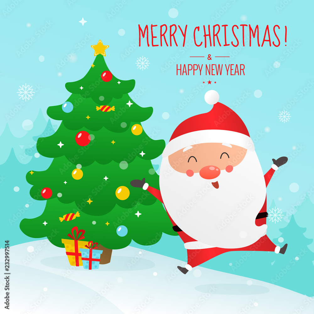 Christmas and Happy New Year vector illustration. Cute Santa Claus and Christmas tree. Christmas and Happy New Year vector illustration. Cute Santa Claus and Christmas tree.