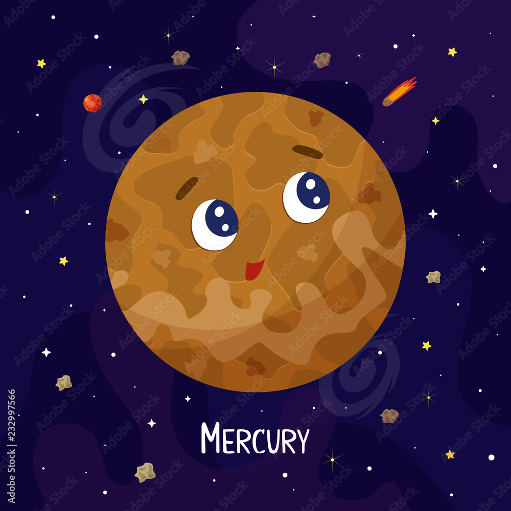 Cute mercury planet character with kawaii face isolated on white ...