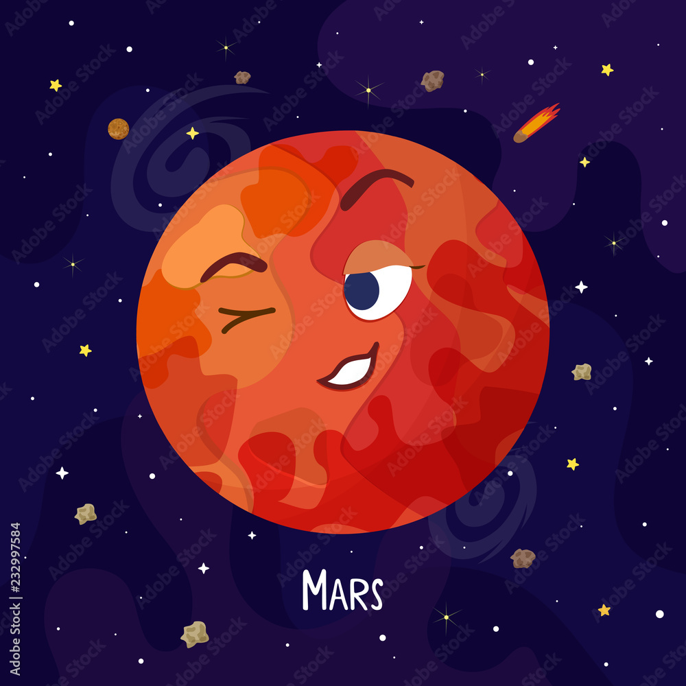 Cute cartoon Mars planet character. Space vector illustration Stock ...