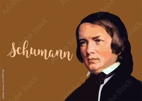 Great composers - Robert Schumann portait with vector signature photo