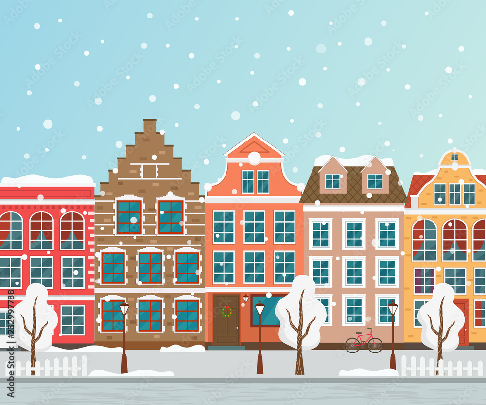 Vector illustration of european winter town. Flat design. Old houses.