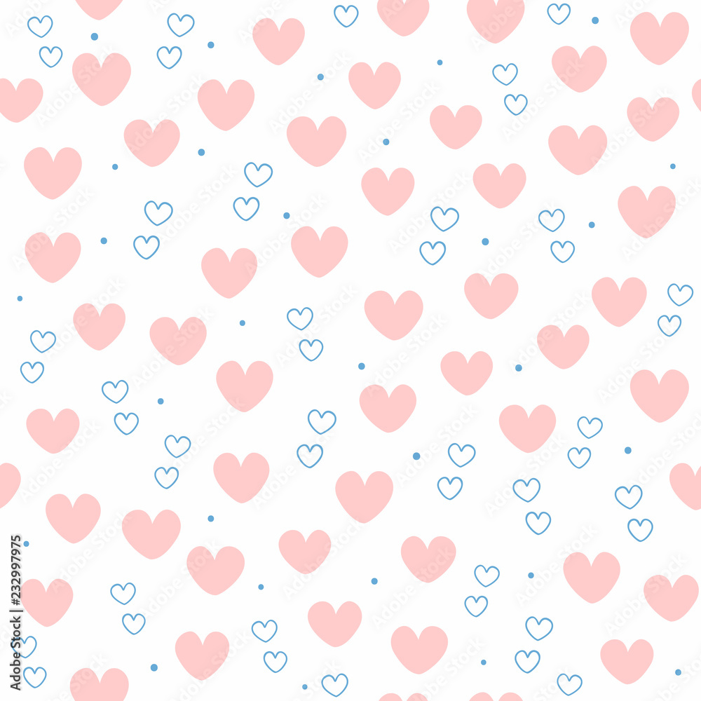 Cute seamless pattern with repeating hearts. Endless romantic print. White, pink, blue.