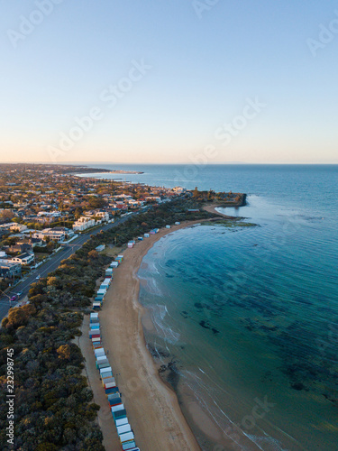 Aerial view of Brighton Beach coastline in sunny morning.