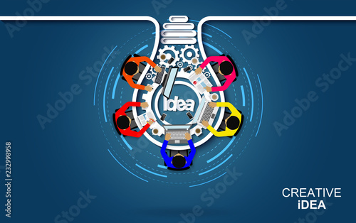 Business meeting in the form of light bulb gear icon concept. Businessmen help to brainstorm modern idea. teamwork. project management, financial report and strategy. to achieve and success. cartoon