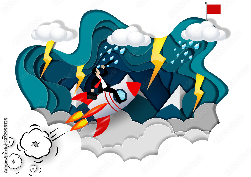 Businessman holding binocular sitting on the space shuttle launches into the sky with cloud and mountain. go to for higher business success goal. leadership. creative idea. cartoon vector illustration