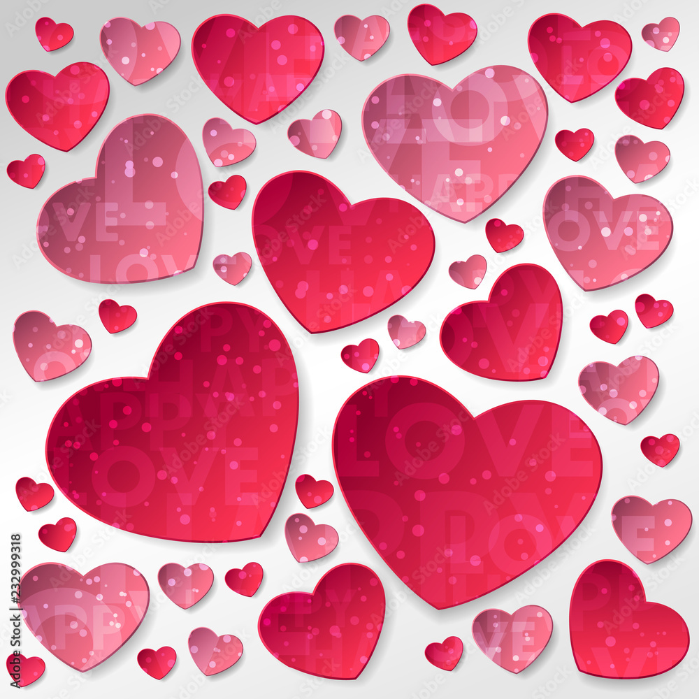 Sticker from red and pink paper hearts and confetti, sparkles with lettering love. illustration for Happy Valentines Day Sticker from red and pink paper hearts and confetti, sparkles with lettering love. illustration for Happy Valentines Day