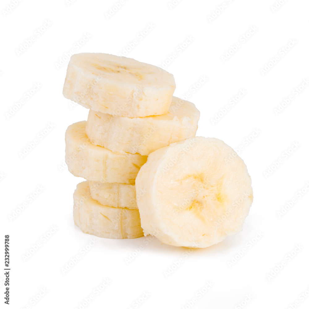 Stack pile of banana slices isolated on the white background Stack pile of banana slices isolated on the white background