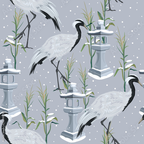 seamless pattern with cranes and snow