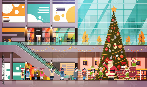 santa claus elves give present gift box mix race children group modern retail store interior decorated for christmas holiday new year concept flat horizontal vector illustration