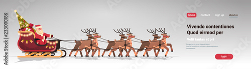 Santa in sleigh with reindeers merry christmas happy new year greeting card winter holidays concept isolated horizontal flat copy space vector illustration