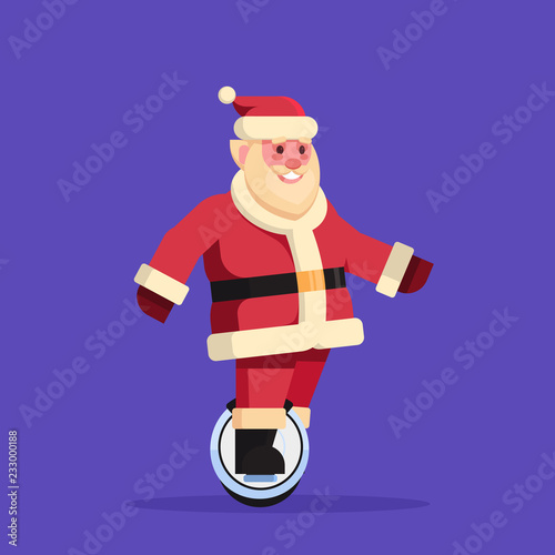 santa claus ride electric mono wheel scooter merry christmas holiday new year concept flat vector illustration