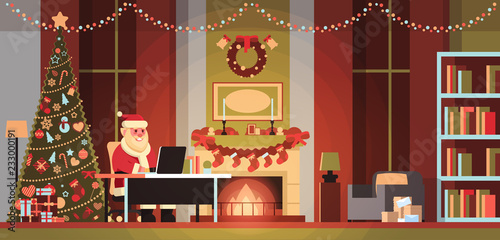 santa claus in living room decorated for christmas new year holiday using laptop pine tree fireplace home interior concept flat horizontal vector illustration