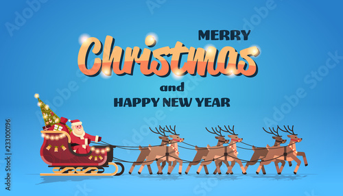 Santa claus in sleigh with reindeers merry christmas happy new year greeting card winter holidays concept horizontal flat vector illustration