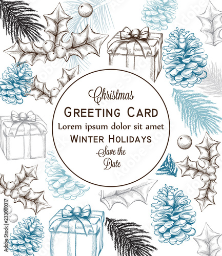 Merry Christmas card Vector lineart. Christmas background decorated invitatio...