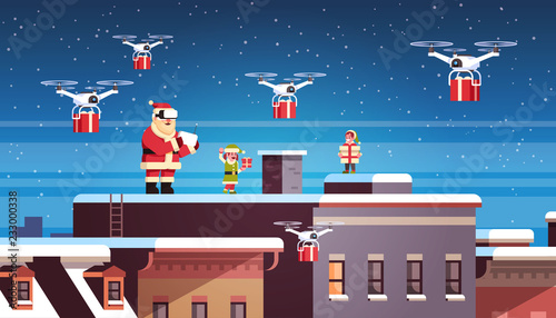 santa claus with elves on roof hold controller drone delivery present service happy new year merry christmas holiday concept flat horizontal vector illustration