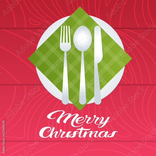 merry christmas table setting with plate spoon fork knife holiday decoration concept flat vector illustration