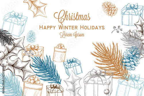 Merry Christmas card Vector lineart. Christmas background decorated invitatio...