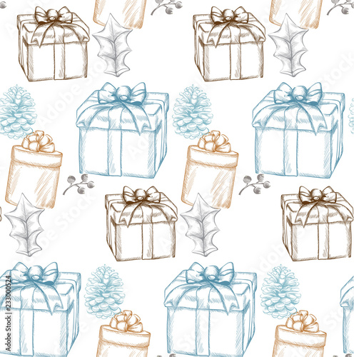 Vintage Merry Christmas card Vector lineart. Christmas gift boxes backgrounds...