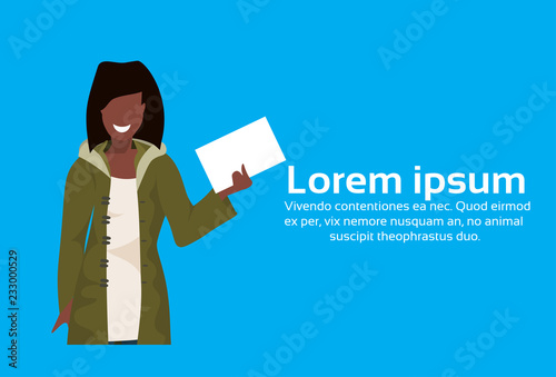 african american woman winter clothes hold envelope female cartoon character portrait blue background flat horizontal copy space vector illustration