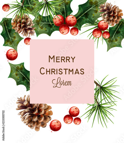 Merry Christmas watercolor card Vector. Red Christmas decoration. Fir branche...