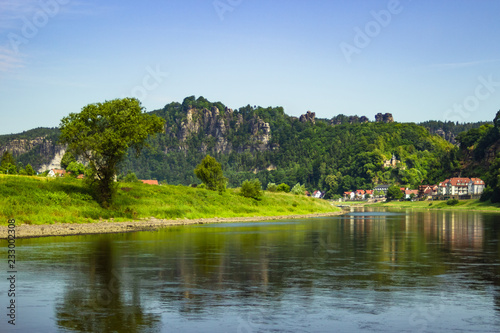 Beautiful view on sandstone mountains from river Elbe in Saxony  Germany
