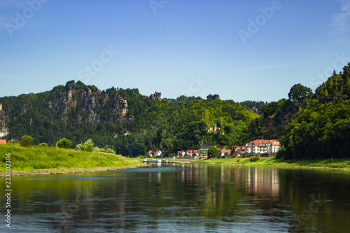 Beautiful view on sandstone mountains from river Elbe in Saxony, Germany
