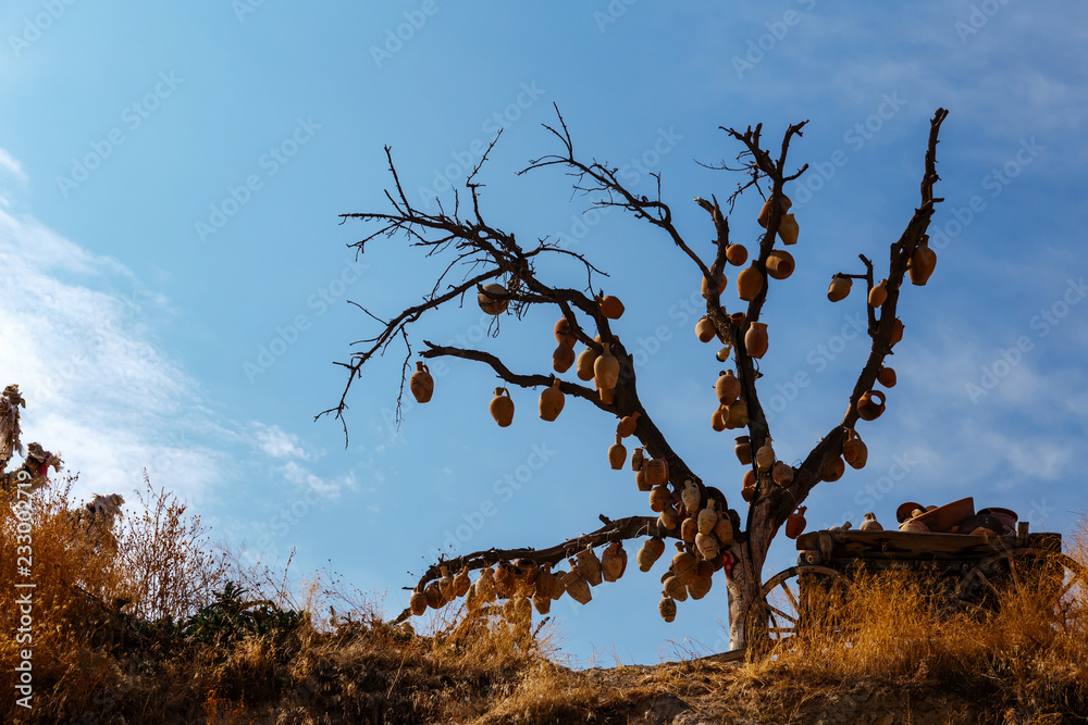 A tree with many pots on blue sky in Cappadocia A tree with many pots on blue sky in Cappadocia