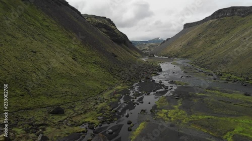 4k Iceland Aerial view near Ofaerufoss waterfall - landing near river photo