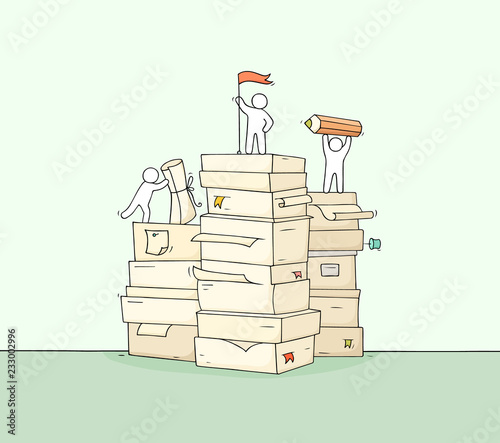 little people with paper stack.