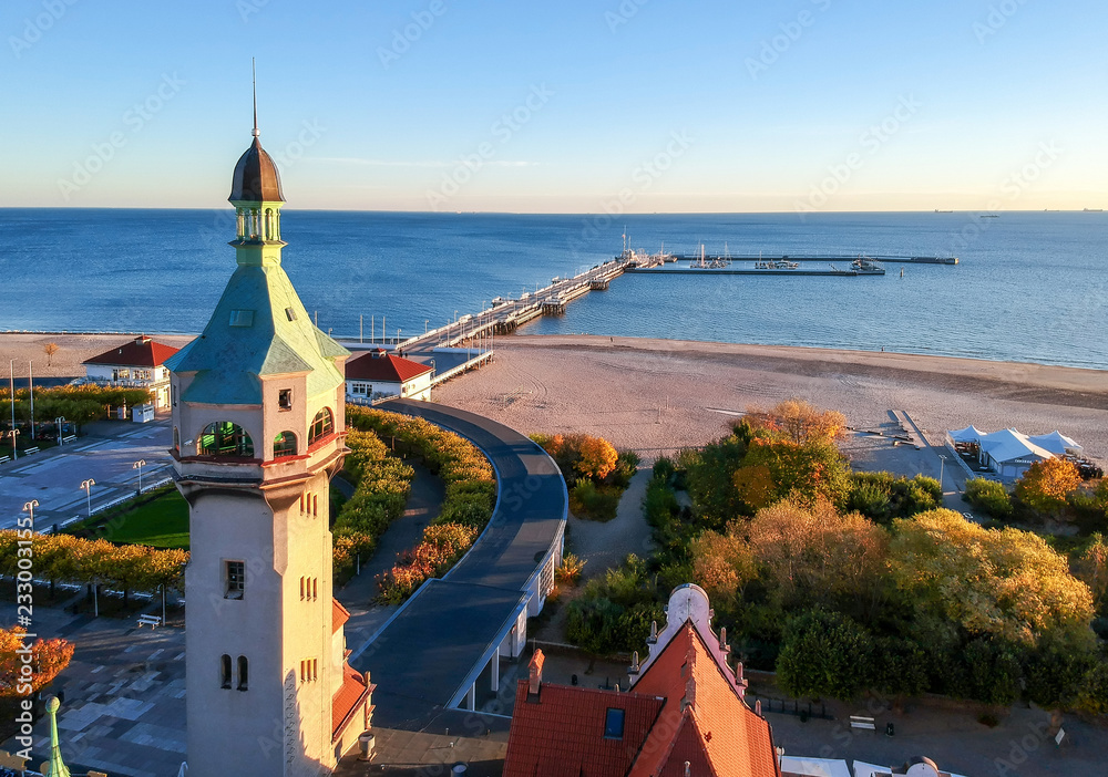 Fototapeta premium Sopot lighthouse with see bridge - aerial landscape