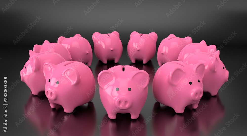 3D illustrated group of purple piggybank on black glossy background