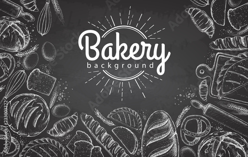 Chalk drawing Bakery background. Top view of bakery products