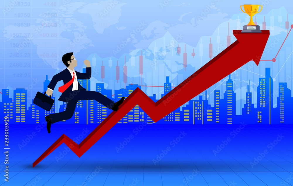 Businessman running on a red. up to the sky. go to goal and business success. on city background and financial chart . creative idea. cartoon vector illustration Businessman running on a red. up to the sky. go to goal and business success. on city background and financial chart . creative idea. cartoon vector illustration