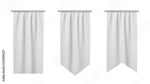 3d rendering of three rectangular white flags hanging vertically on a white background. photo